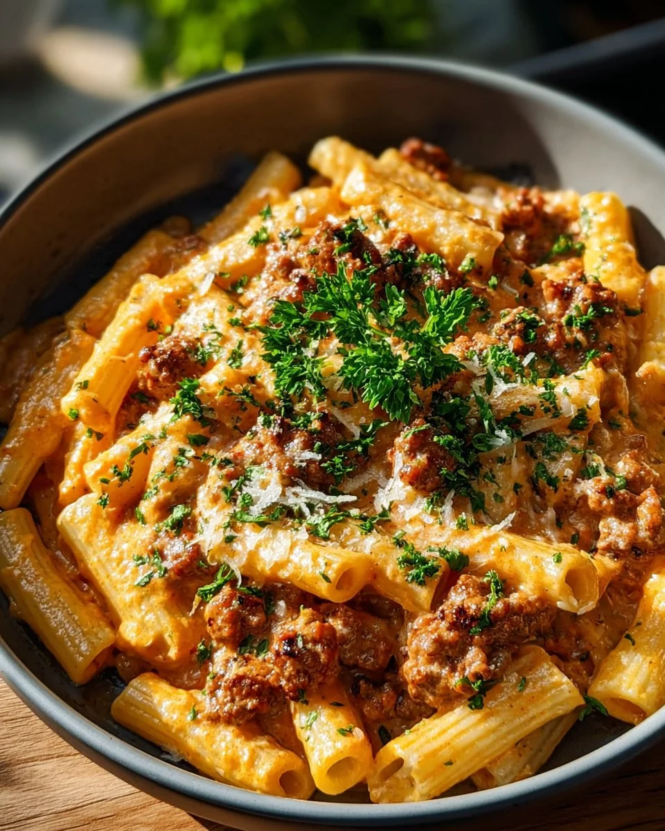Creamy beef pasta topped with parsley in a white bowl