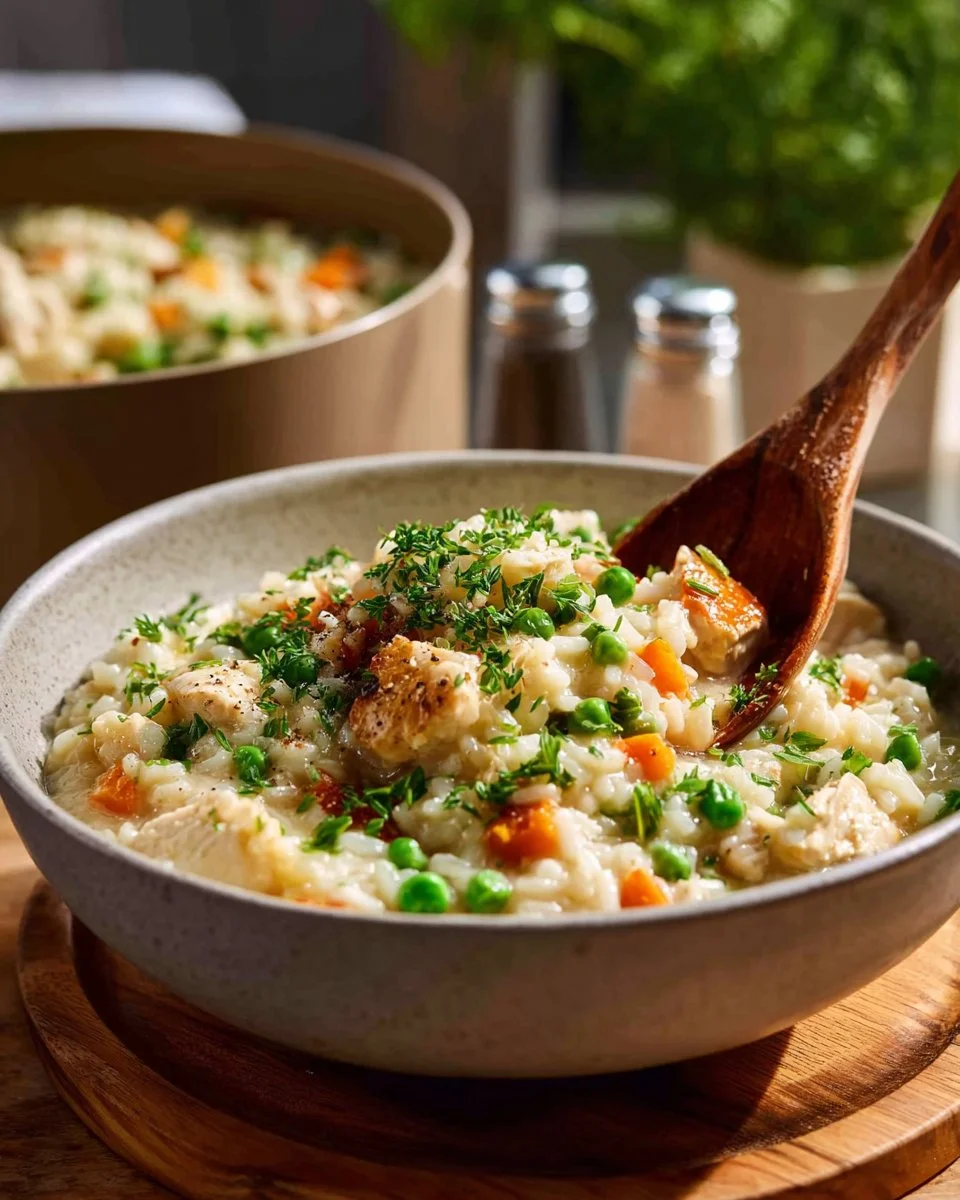 Bowl of creamy chicken and rice soup garnished with herbs