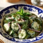 Creamy cucumber salad served in a bowl with fresh herbs and spices
