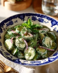 Creamy cucumber salad served in a bowl with fresh herbs and spices