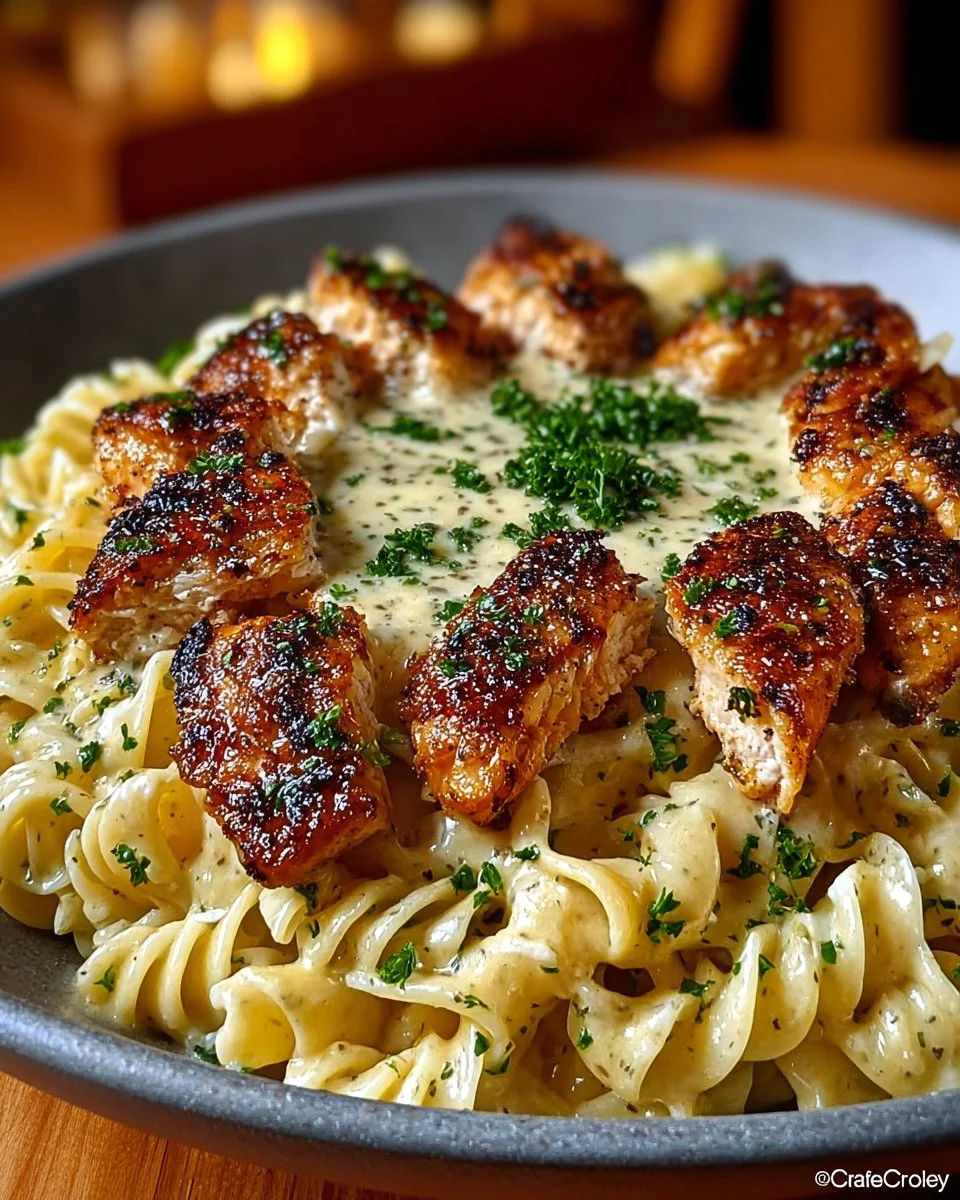 Creamy garlic butter chicken served with rotini pasta in parmesan sauce