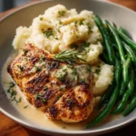 Creamy garlic parmesan chicken served on a plate with herbs and spices