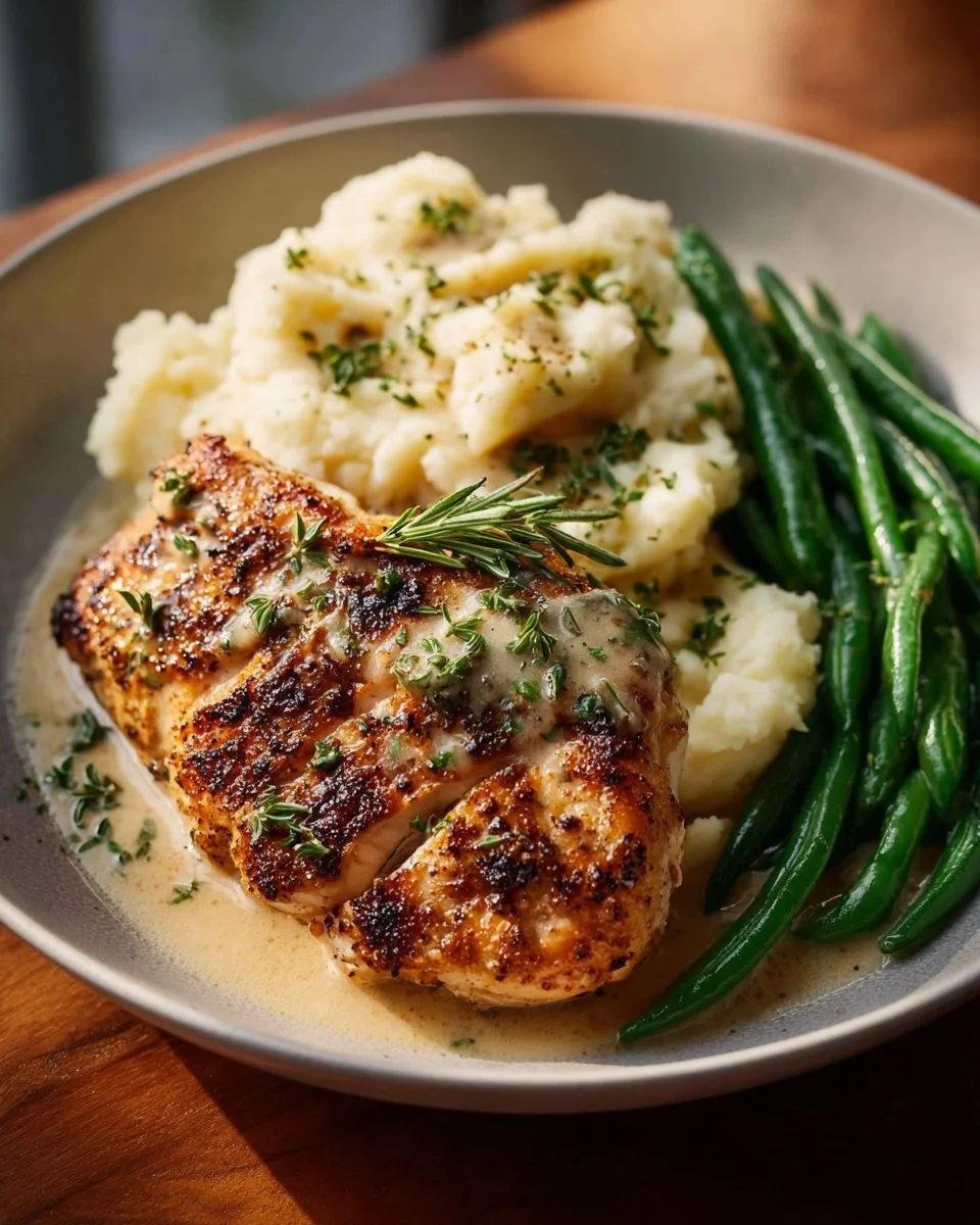 Creamy garlic parmesan chicken served on a plate with herbs and spices