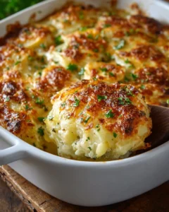 Delicious creamy gratin potatoes dish topped with golden cheese