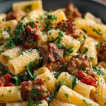 Creamy Italian sausage rigatoni served in a bowl with herbs and cheese.