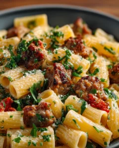 Creamy Italian sausage rigatoni served in a bowl with herbs and cheese.