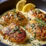 Plate of creamy lemon chicken with Parmesan sauce garnished with herbs.