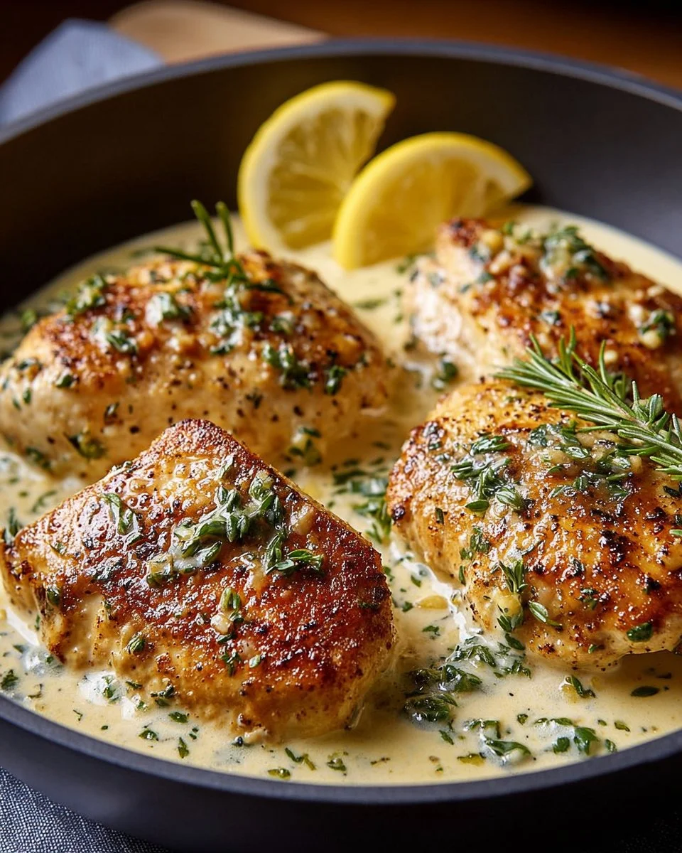 Plate of creamy lemon chicken with Parmesan sauce garnished with herbs.