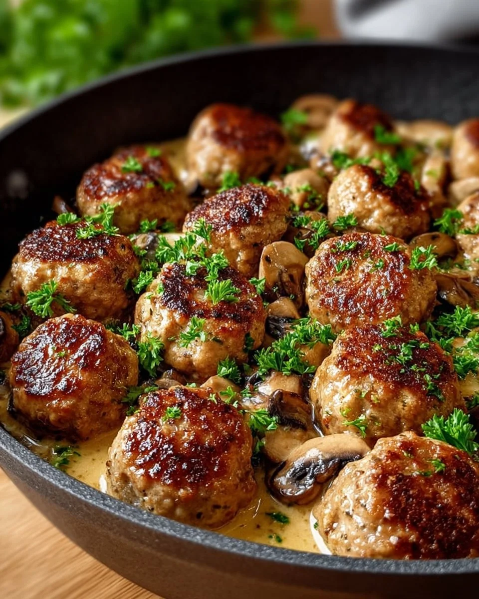 Creamy mushroom chicken meatballs served in a savory sauce