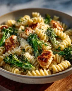 Creamy rotisserie chicken broccoli pasta served in a bowl