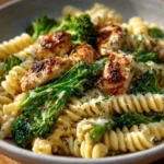 Creamy rotisserie chicken broccoli pasta dish garnished with herbs