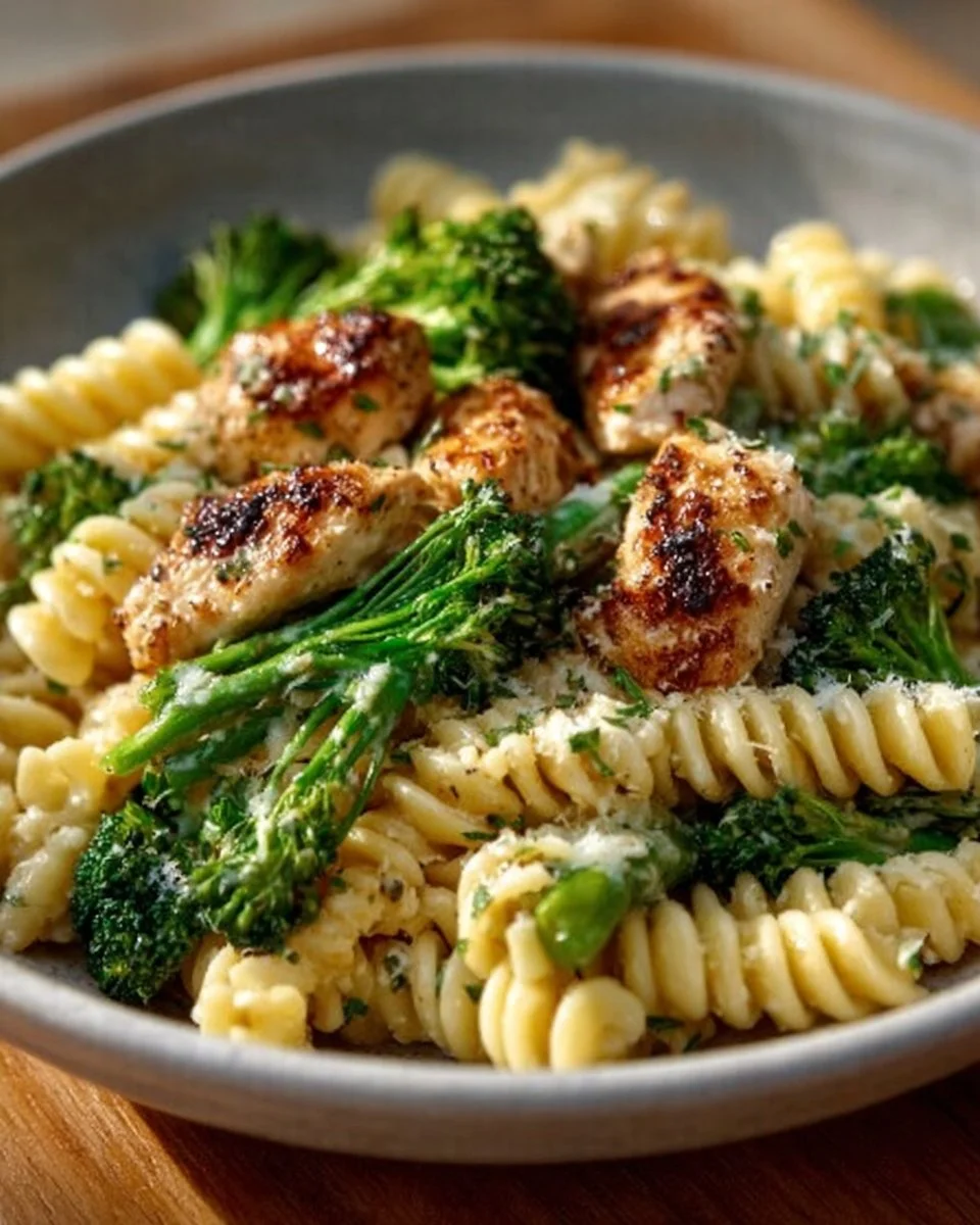 Creamy rotisserie chicken broccoli pasta dish garnished with herbs