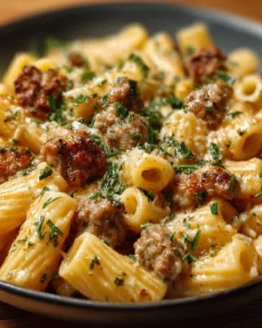 Creamy sausage rigatoni dish garnished with herbs and cheese.