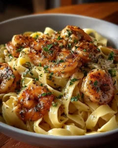 Plate of creamy shrimp fettuccine pasta topped with herbs and cheese