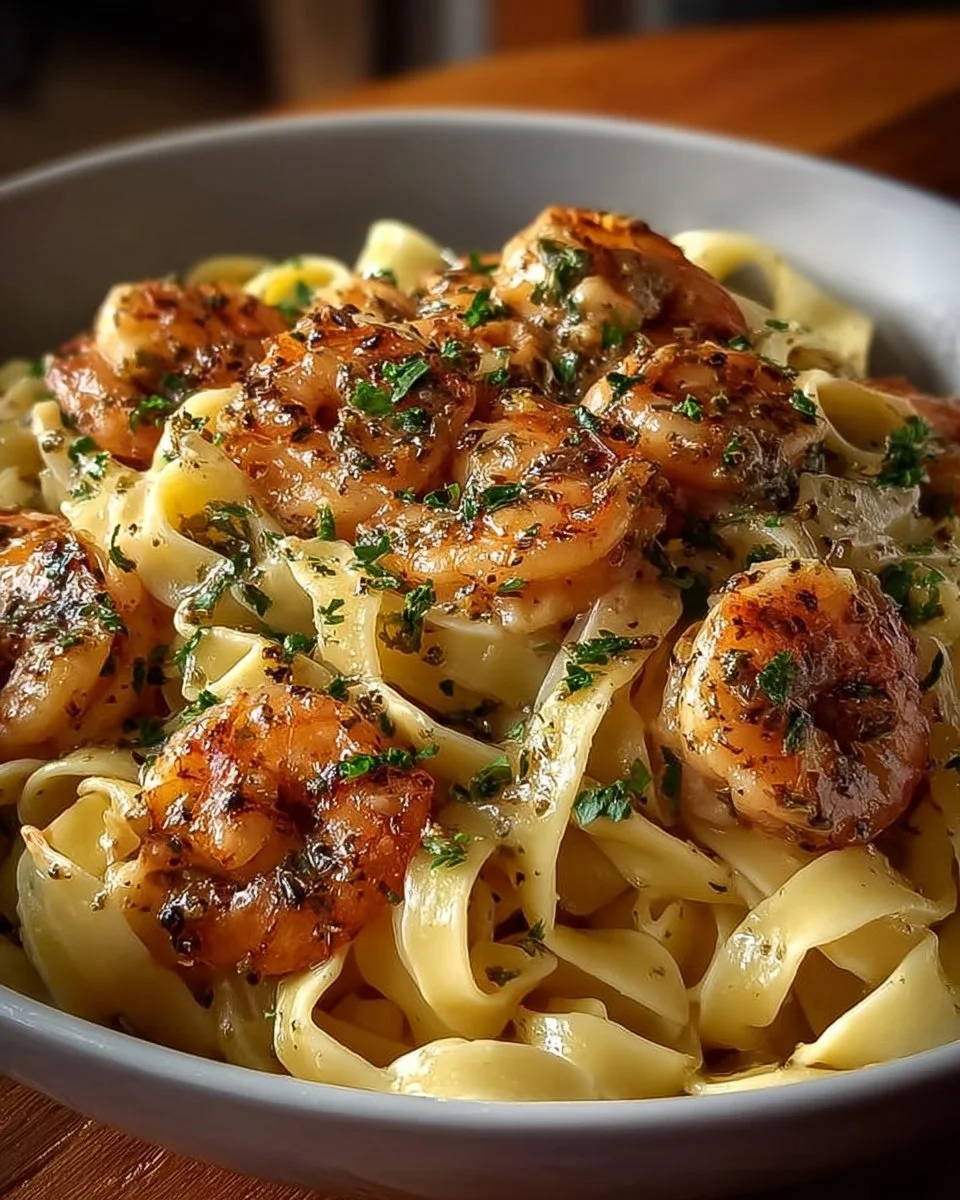 Plate of creamy shrimp fettuccine pasta topped with herbs and cheese