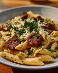 A bowl of creamy smoked sausage pasta garnished with herbs and cheese.