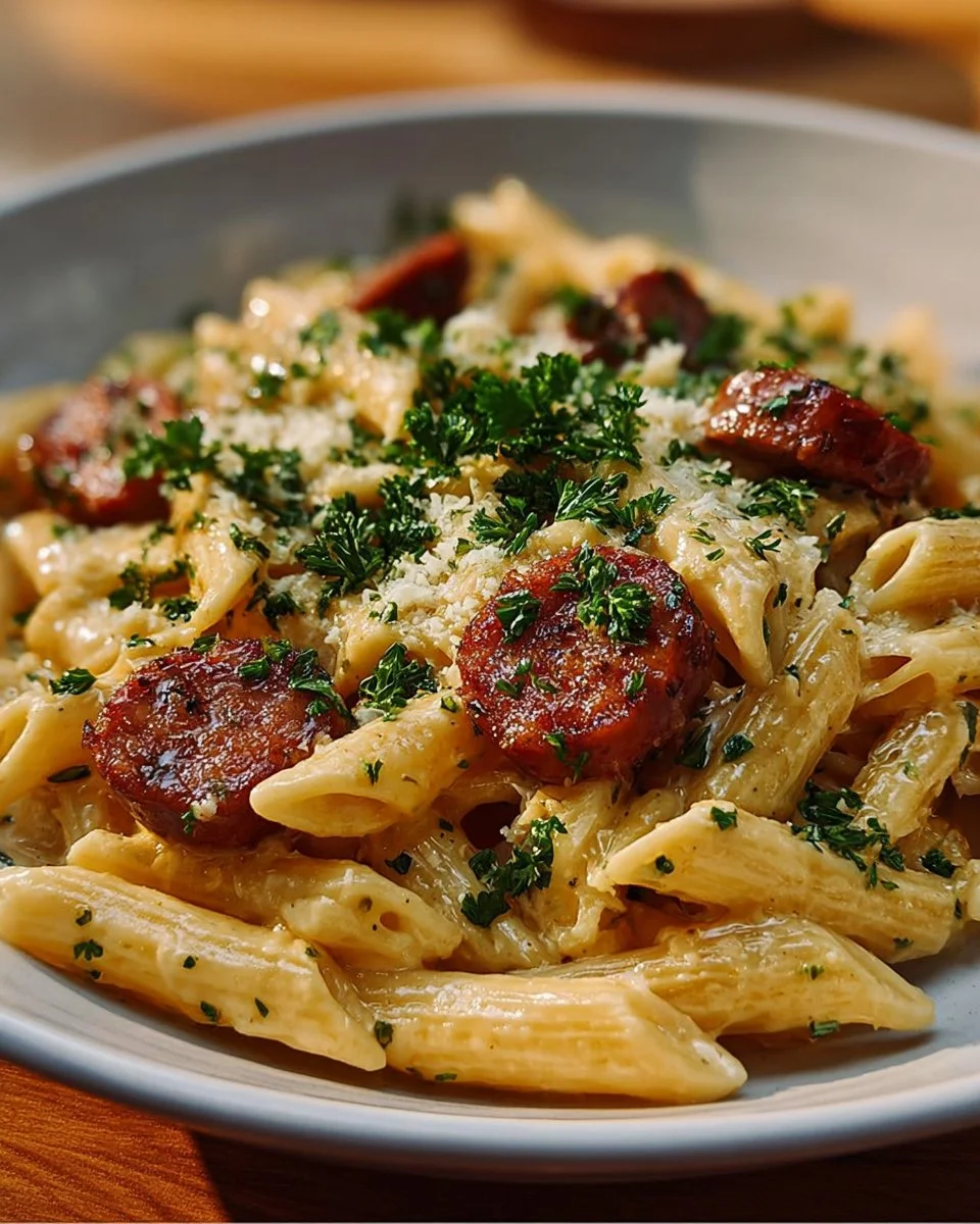 A bowl of creamy smoked sausage pasta garnished with herbs and cheese.