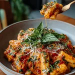 Creamy tomato garlic pasta topped with fresh herbs and parmesan cheese.