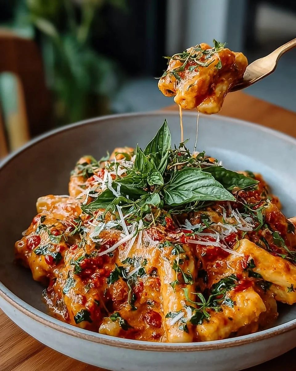 Creamy tomato garlic pasta topped with fresh herbs and parmesan cheese.