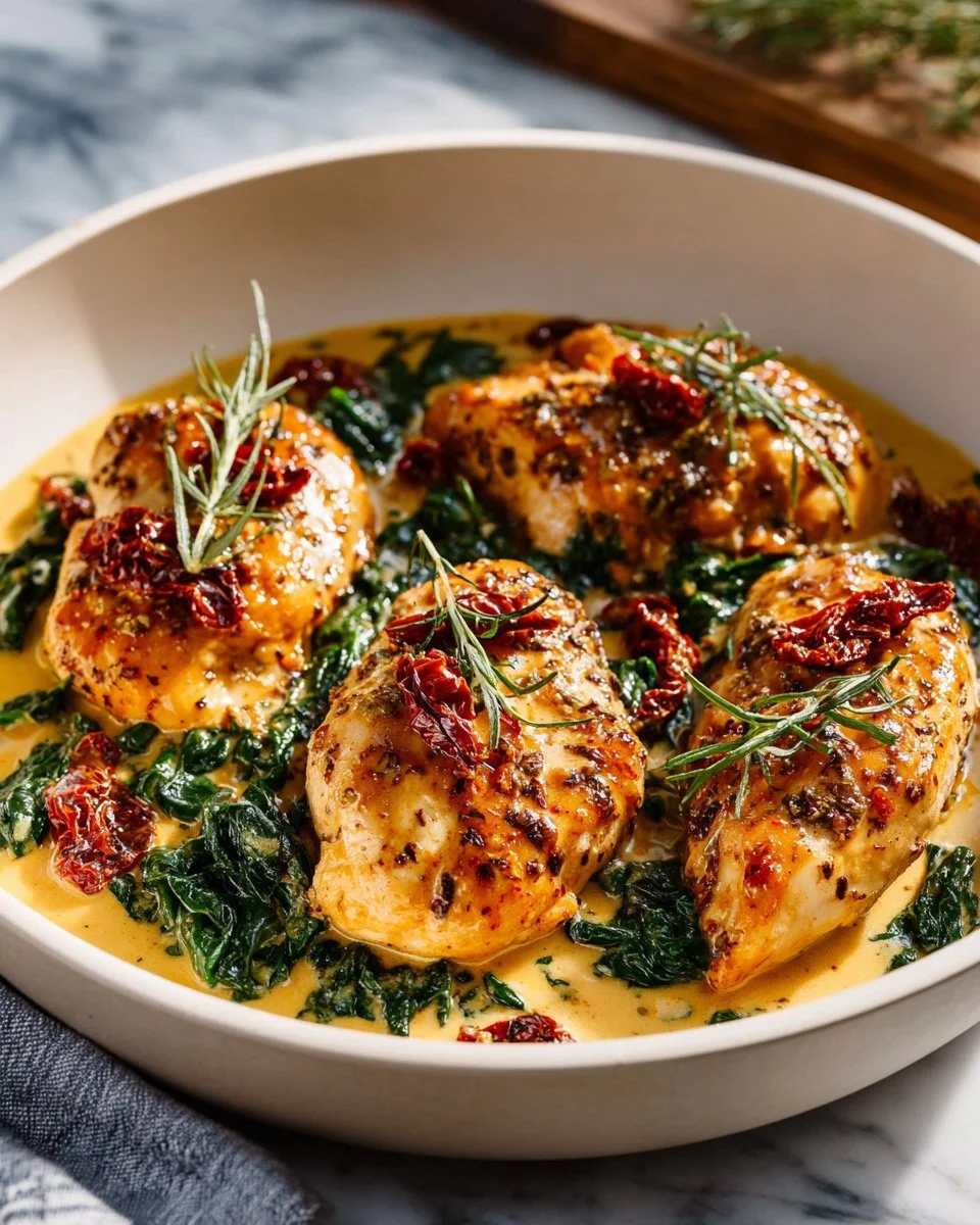 Creamy Tuscan Garlic Chicken served with fresh herbs and vegetables