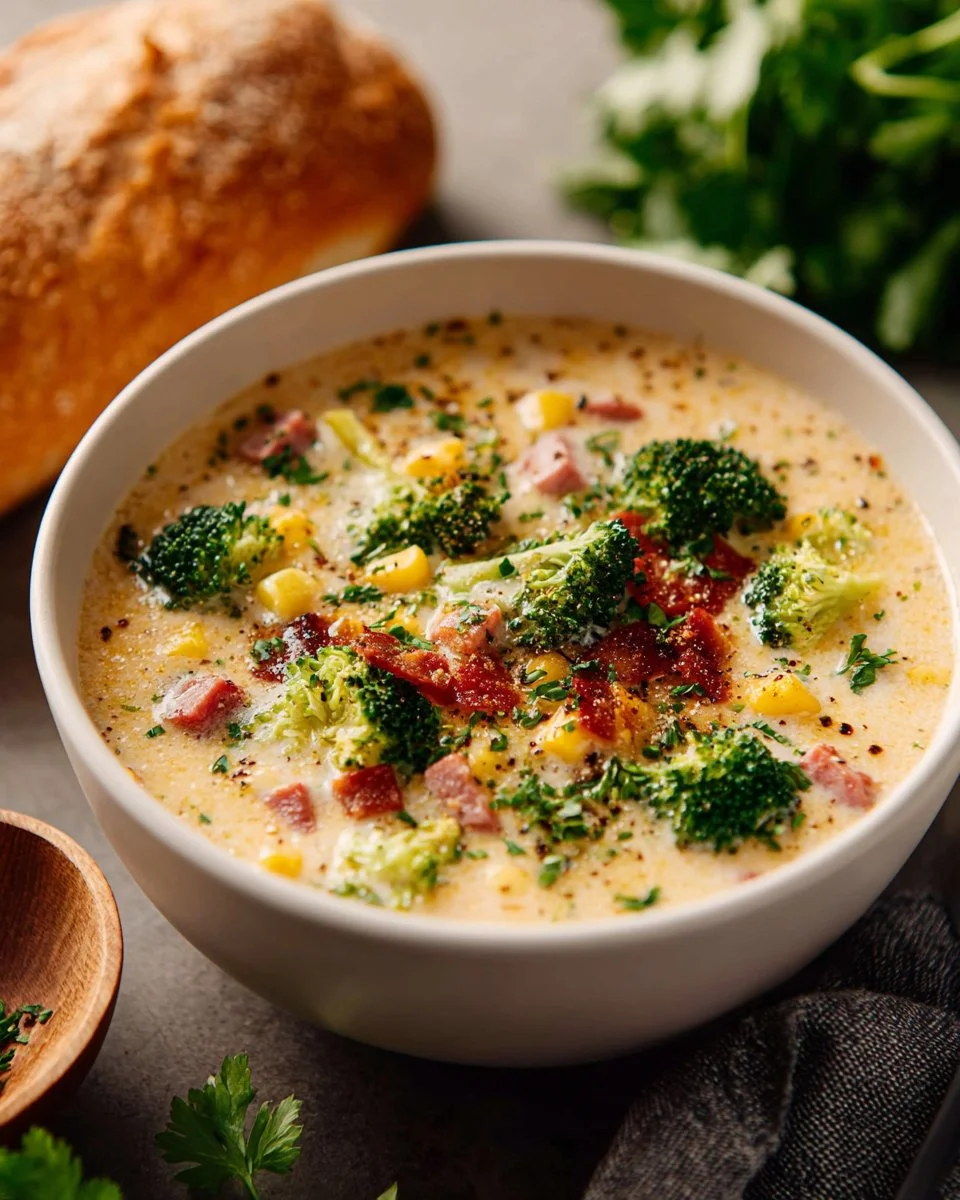 A bowl of creamy vegetable soup filled with colorful vegetables