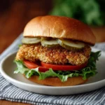 Crispy pickle-brined chicken sandwich served with pickles and sauce