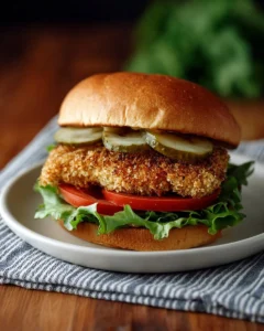 Crispy pickle-brined chicken sandwich served with pickles and sauce