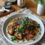 Crispy, spicy smashed potatoes with garlic cilantro labneh served in a bowl.