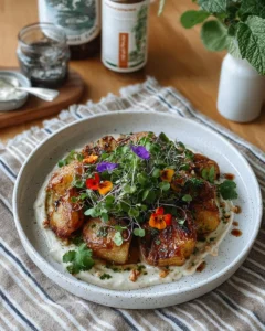 Crispy, spicy smashed potatoes with garlic cilantro labneh served in a bowl.