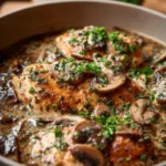 Crock Pot Creamy Mushroom Chicken served with herbs and vegetables
