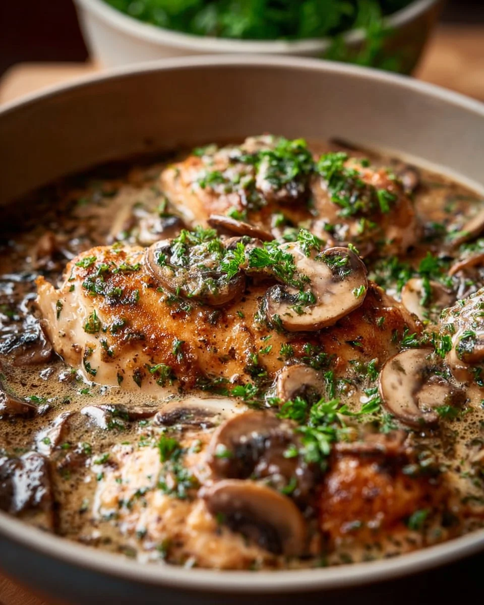 Crock Pot Creamy Mushroom Chicken served with herbs and vegetables