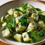 Cucumber Salad topped with Labneh, Za’atar, and fresh Mint leaves on a plate