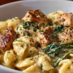 Dairy-free chicken alfredo served in a bowl with fresh herbs