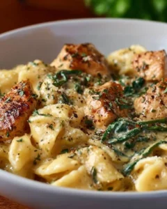 Dairy-free chicken alfredo served in a bowl with fresh herbs