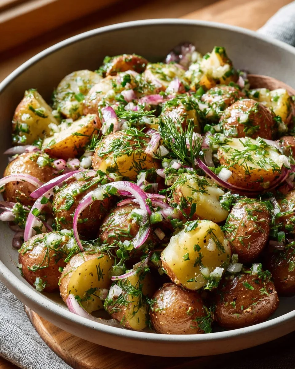 Bowl of creamy dill pickle potato salad with fresh herbs and diced pickles