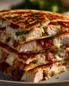 Delicious easy chicken bacon ranch quesadillas on a plate ready to serve