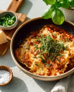 Bowl of creamy lasagna soup garnished with cheese and herbs