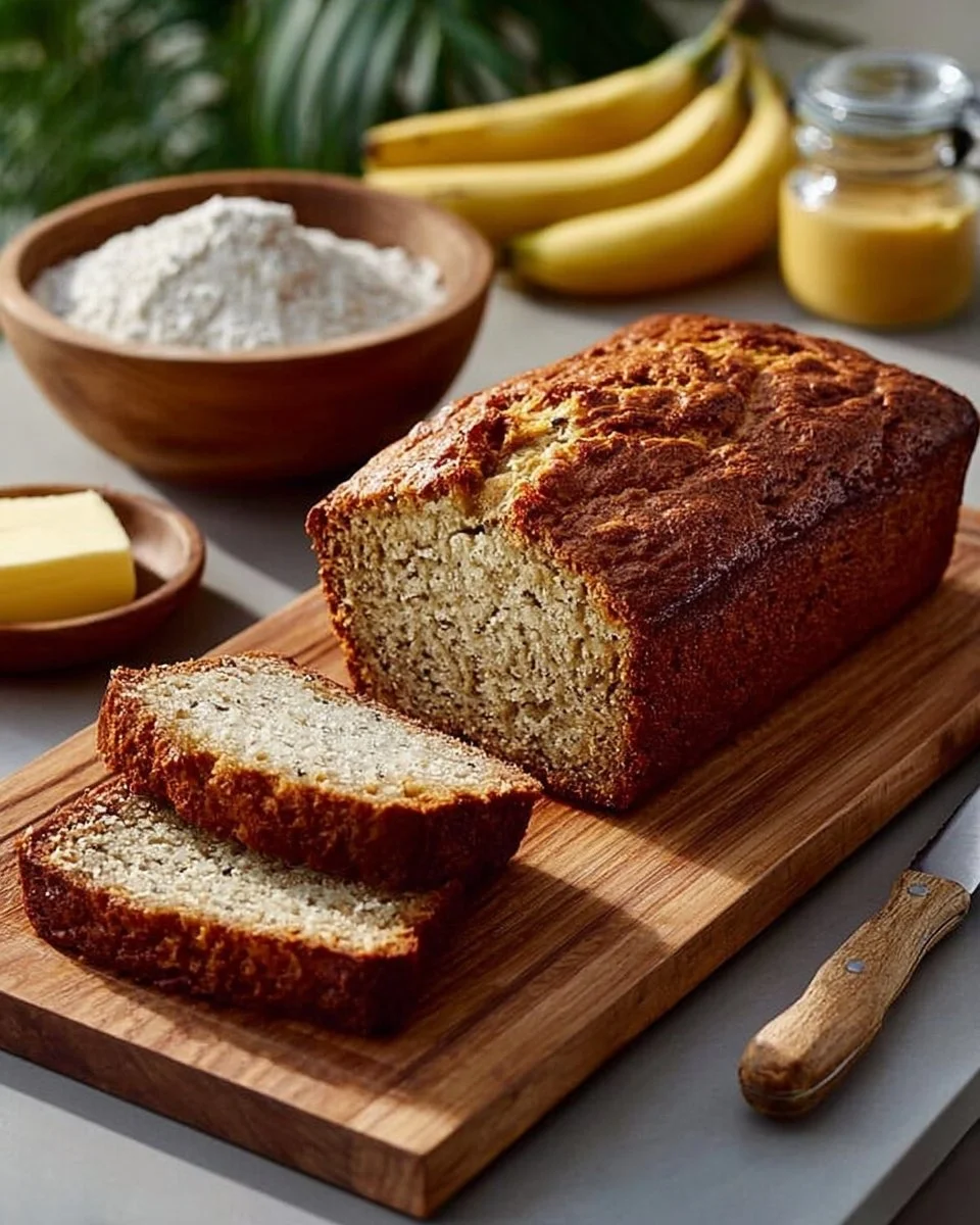 Sliced easy moist banana bread on a wooden cutting board