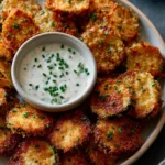 Crispy fried pickle chips served with a dipping sauce on a plate.