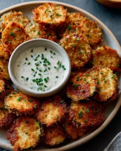 Crispy fried pickle chips served with a dipping sauce on a plate.