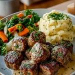 Plate of Garlic Butter Steak Bites with Creamy Parmesan Sauce
