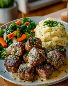 Plate of Garlic Butter Steak Bites with Creamy Parmesan Sauce