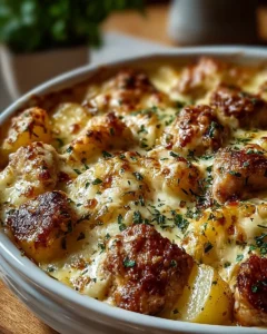 Crockpot Garlic Parmesan Chicken and Potatoes dish, garnished with herbs