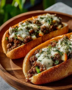 Ground Beef Philly Cheesesteak sandwich with melted cheese and peppers