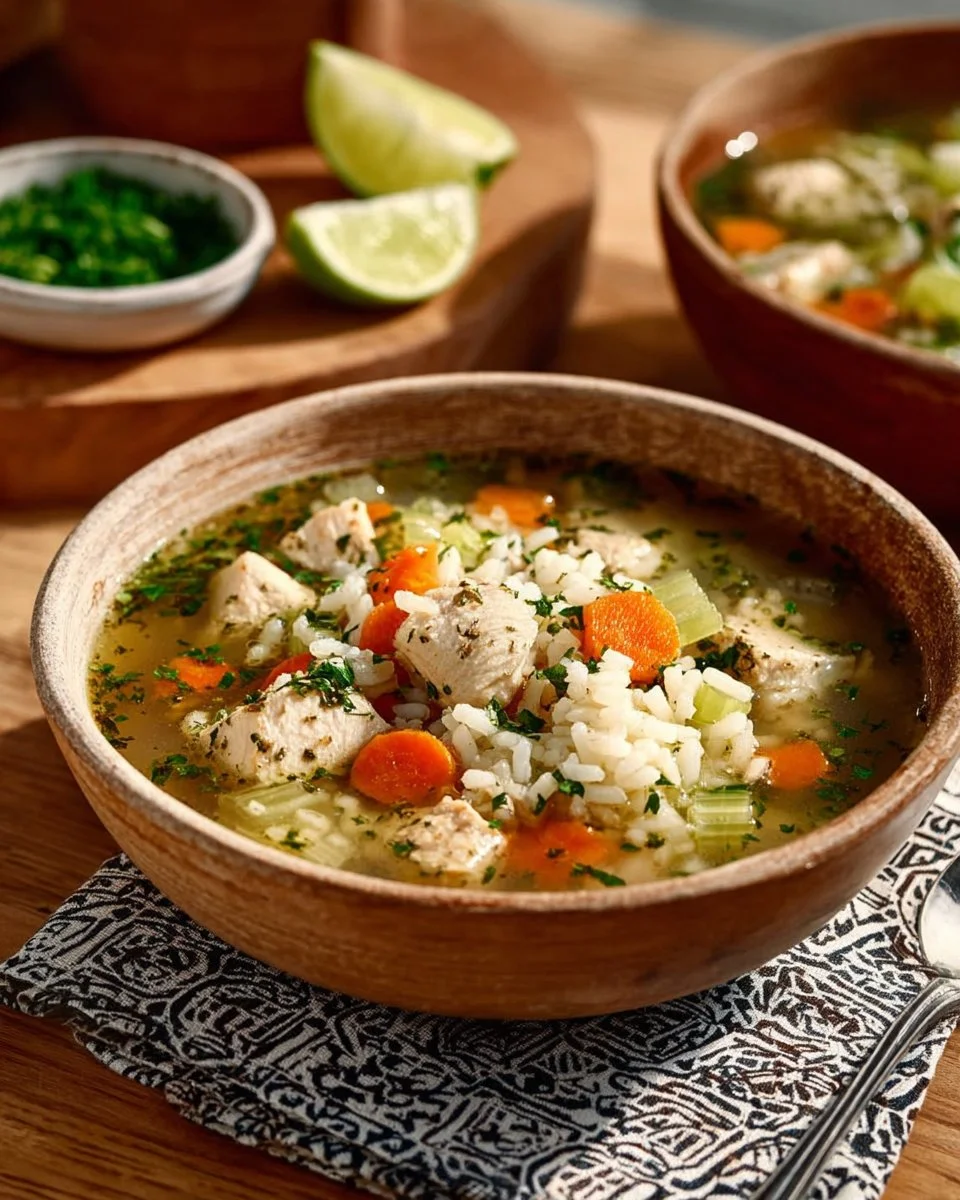 Bowl of hearty chicken and rice soup with vegetables and herbs