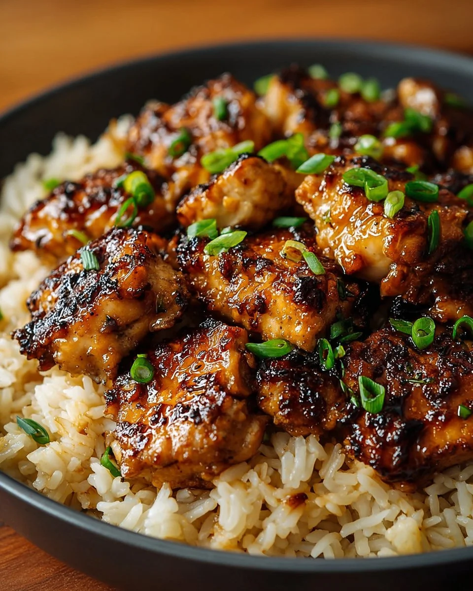 Delicious Honey BBQ Chicken Rice served on a plate with garnishing.