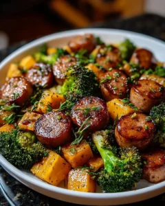 Sheet pan honey garlic sausage with vegetables, perfect for a quick dinner.