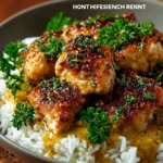 Honey Mustard Chicken served with a side of rice on a plate
