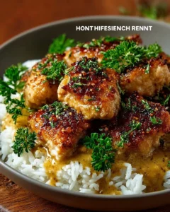 Honey Mustard Chicken served with a side of rice on a plate