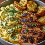 Loaded herb grilled chicken served with creamy pesto pasta and crispy roasted potatoes.